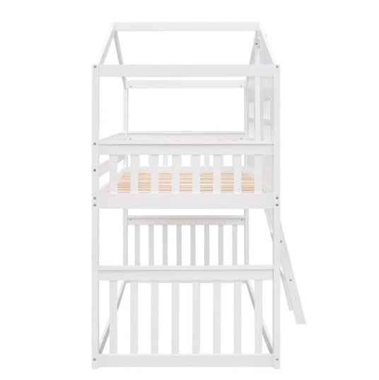 White Wooden Bunk House Bed with Ladder – Twin-Over-Twin Kids Playhouse Bed Frame