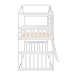 White Wooden Bunk House Bed with Ladder – Twin-Over-Twin Kids Playhouse Bed Frame