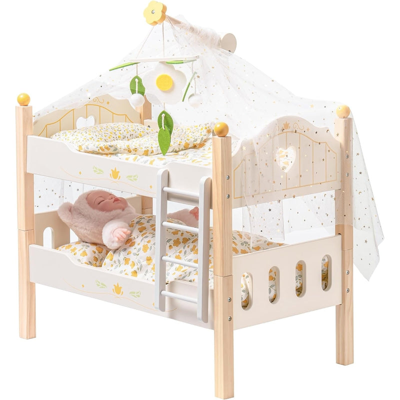 Wooden Baby Doll Bunk Beds – Stackable Cribs for 18-Inch Dolls | Fits American Girl Dolls | Yellow | 21.7 x 11.9 x 18.1 inches