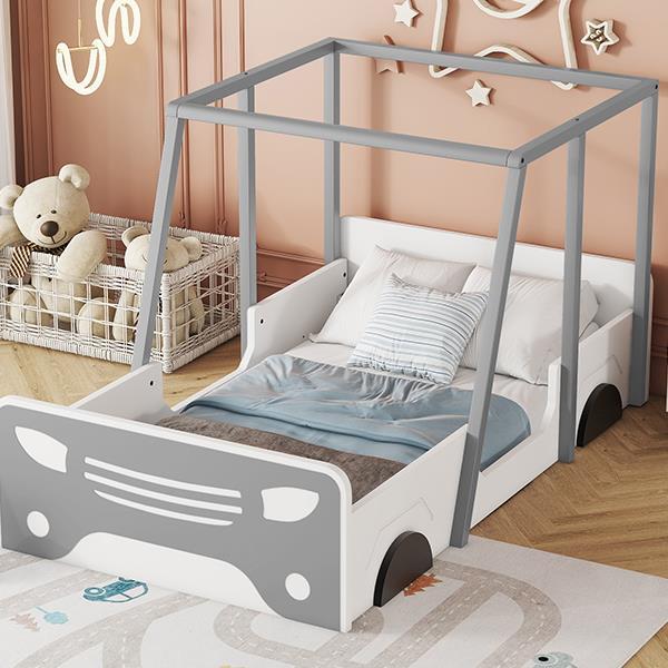 Double Car Bed with Roof & Wheels, Wooden Kids Bed, Montessori Style, White/Grey