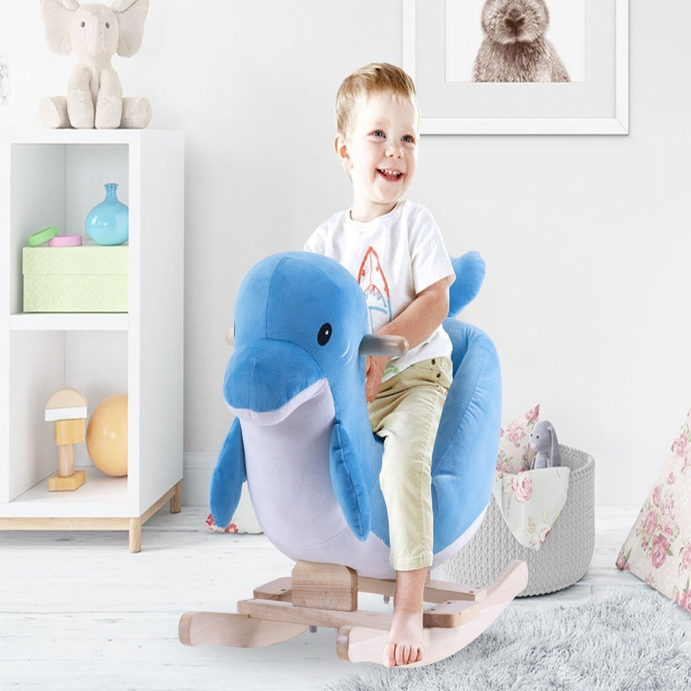 Blue Duck Plush Rocking Horse – Soft Ride-On Toy for Kids with Sturdy Wooden Rocker