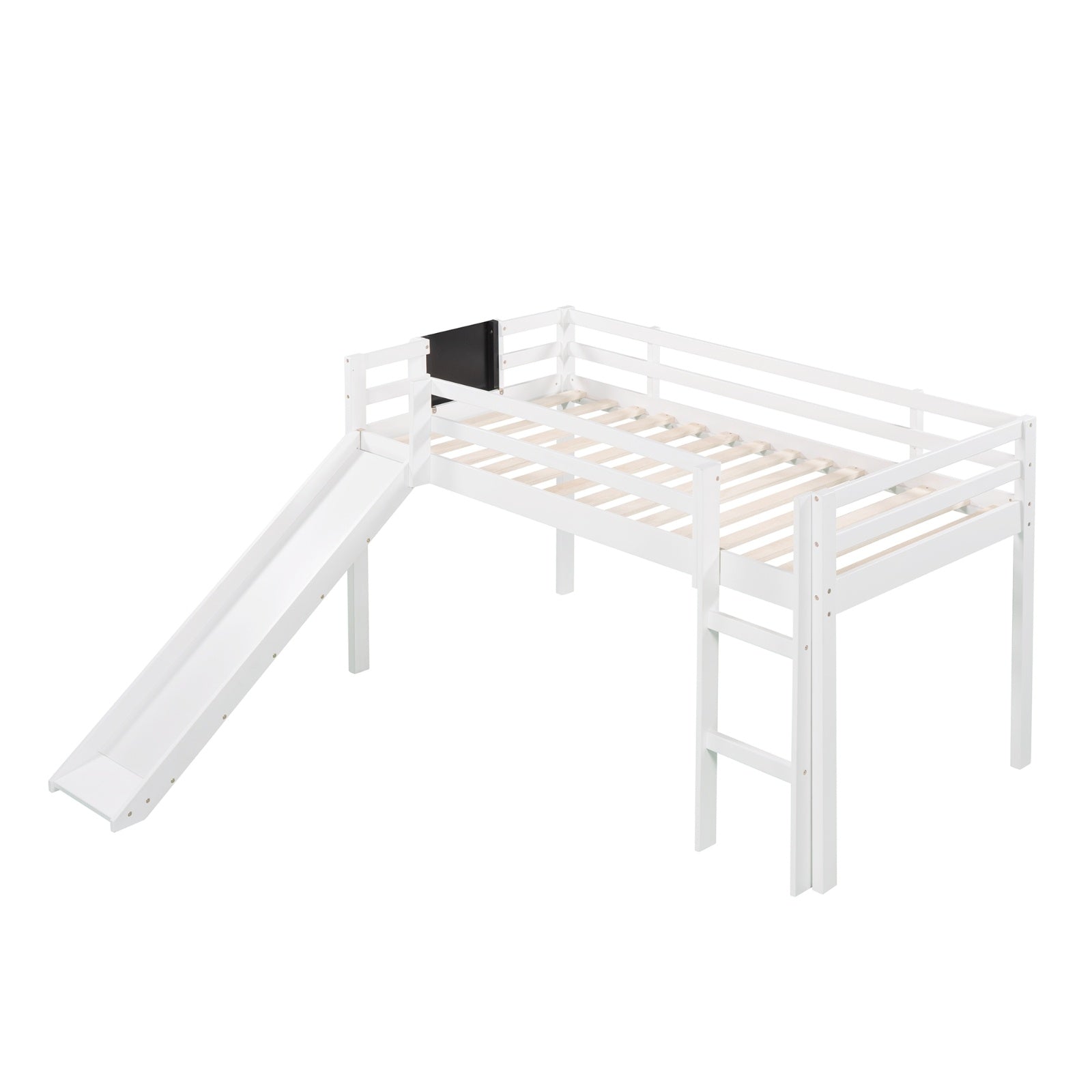 Twin Size Loft Bed with Slide, Staircase & Chalkboard – White Solid Wood Kids Bed