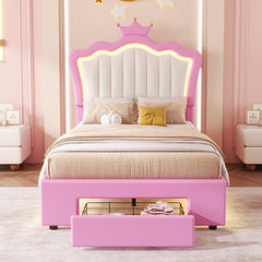 Twin Princess Bed Frame with Crown Headboard, LED Lights & Drawer, Upholstered Platform Bed, Pink/White