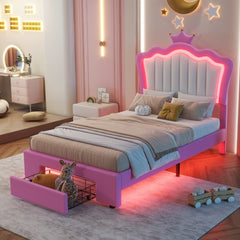 Twin Princess Bed Frame with Crown Headboard, LED Lights & Drawer, Upholstered Platform Bed, Pink/White