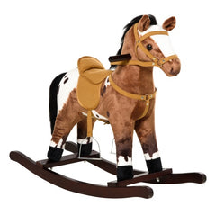 Kids Plush Ride-On Rocking Horse with Sounds – Dark Brown/White – Ages 3+, Soft Saddle, Lightweight Metal Frame