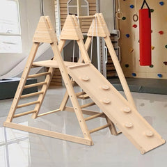 4-in-1 Juniper Indoor Wooden Play Gym – Foldable Toddler Climbing Set with Slide, Rock Wall, and Swings