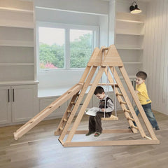 4-in-1 Juniper Indoor Wooden Play Gym – Foldable Toddler Climbing Set with Slide, Rock Wall, and Swings Natural Wood