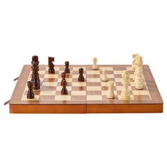 2-in-1 Magnetic Folding Chess & Checkers Set – 15" Wooden Board, Red Walnut Finish, Travel-Friendly Red walnut color