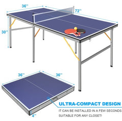 6ft Foldable & Portable Mid-Size Table Tennis Table Set – Indoor/Outdoor Ping Pong with Net, 2 Paddles & 3 Balls