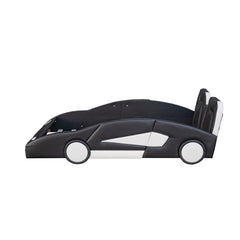 Twin Size Race Car Bed with Wheels – Black Wooden Platform Bed for Kids