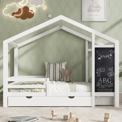 Twin Size House Bed with Blackboard & Storage Drawers – White Wooden Montessori-Inspired Kids Bed