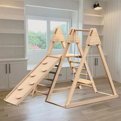 4-in-1 Juniper Indoor Wooden Play Gym – Foldable Toddler Climbing Set with Slide, Rock Wall, and Swings