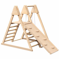 4-in-1 Juniper Indoor Wooden Play Gym – Foldable Toddler Climbing Set with Slide, Rock Wall, and Swings