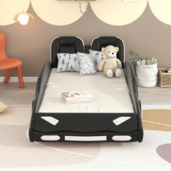 Twin Size Race Car Bed with Wheels – Black Wooden Platform Bed for Kids