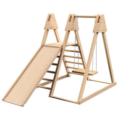 4-in-1 Juniper Indoor Wooden Play Gym – Foldable Toddler Climbing Set with Slide, Rock Wall, and Swings