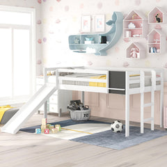 Twin Size Loft Bed with Slide, Staircase & Chalkboard – White Solid Wood Kids Bed