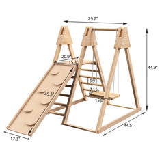 4-in-1 Juniper Indoor Wooden Play Gym – Foldable Toddler Climbing Set with Slide, Rock Wall, and Swings