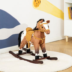 Kids Plush Ride-On Rocking Horse with Sounds – Dark Brown/White – Ages 3+, Soft Saddle, Lightweight Metal Frame