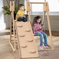 4-in-1 Juniper Indoor Wooden Play Gym – Foldable Toddler Climbing Set with Slide, Rock Wall, and Swings