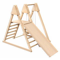 4-in-1 Juniper Indoor Wooden Play Gym – Foldable Toddler Climbing Set with Slide, Rock Wall, and Swings