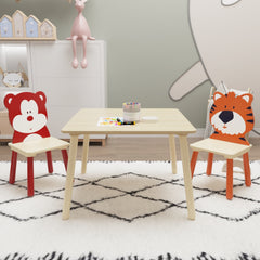 Kids Table and 2 Chairs Set – Bear & Tiger Design | Wooden 3-Piece Toddler Activity Play Table Set