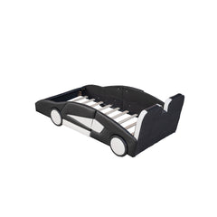 Twin Size Race Car Bed with Wheels – Black Wooden Platform Bed for Kids