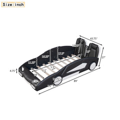 Twin Size Race Car Bed with Wheels – Black Wooden Platform Bed for Kids
