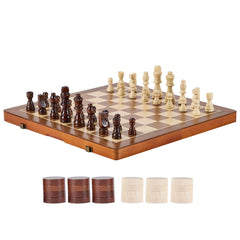 2-in-1 Magnetic Folding Chess & Checkers Set – 15" Wooden Board, Red Walnut Finish, Travel-Friendly