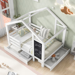 Twin Size House Bed with Blackboard & Storage Drawers – White Wooden Montessori-Inspired Kids Bed