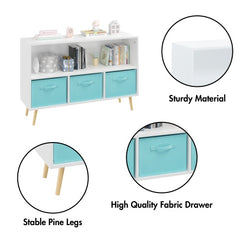 Kids' White & Blue 3-Drawer Bookshelf – MDF Storage Organizer with Foldable Fabric Bins