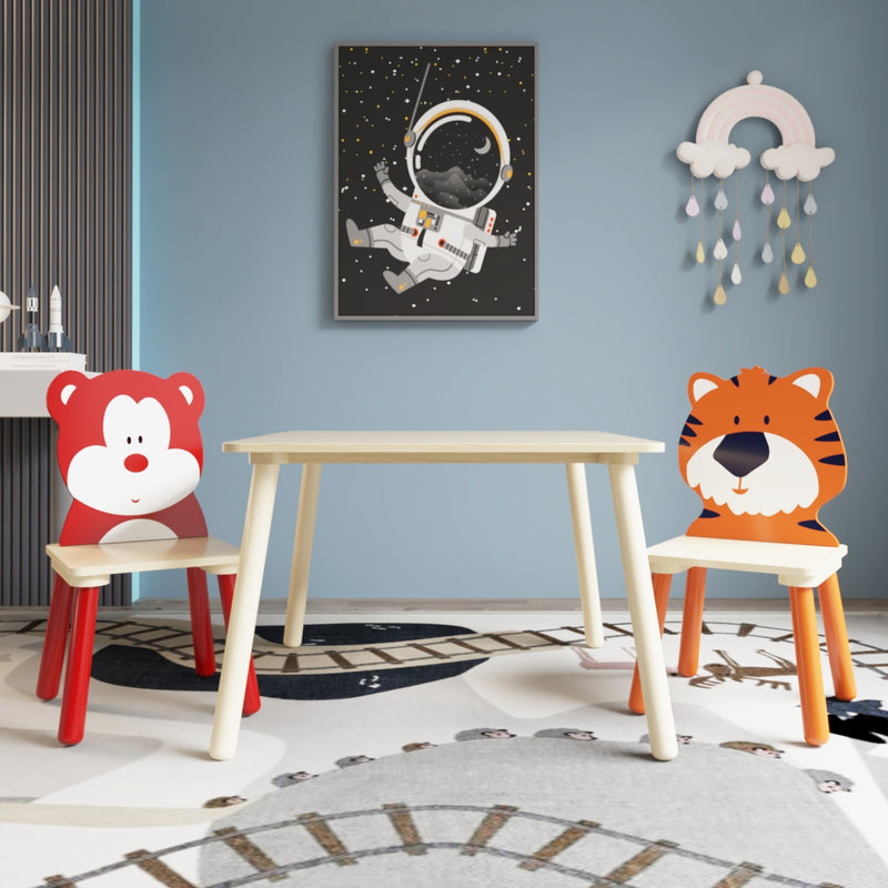 Kids Table and 2 Chairs Set – Bear & Tiger Design | Wooden 3-Piece Toddler Activity Play Table Set