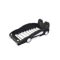 Twin Size Race Car Bed with Wheels – Black Wooden Platform Bed for Kids