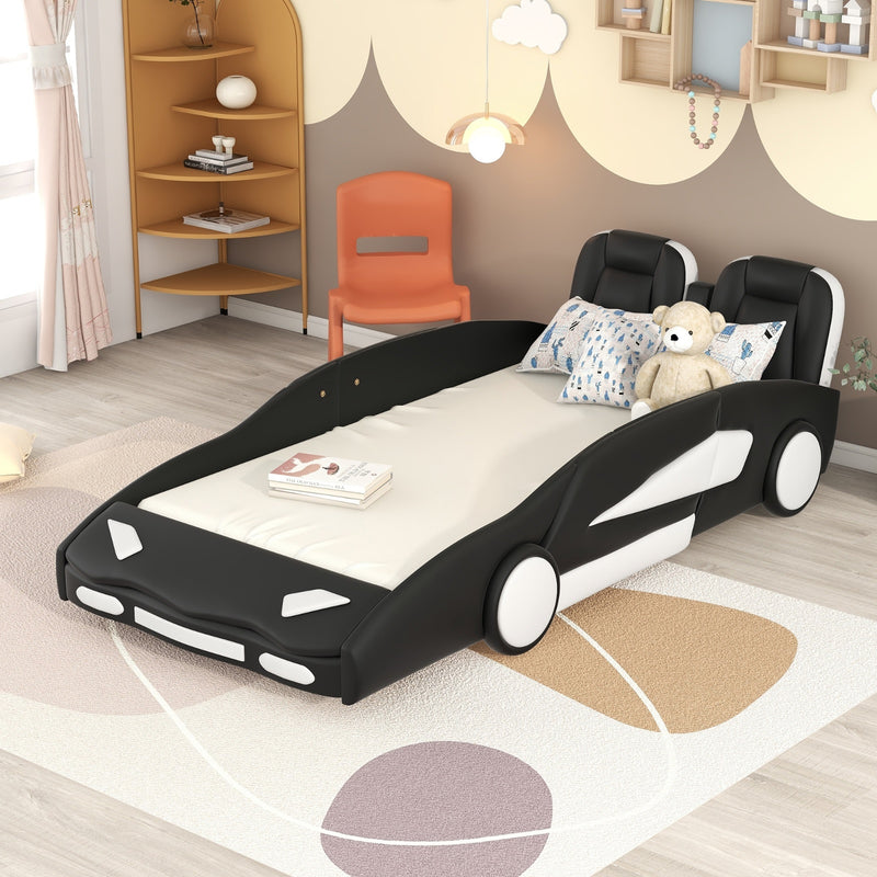 Twin Size Race Car Bed with Wheels – Black Wooden Platform Bed for Kids