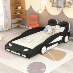 Twin Size Race Car Bed with Wheels – Black Wooden Platform Bed for Kids Black
