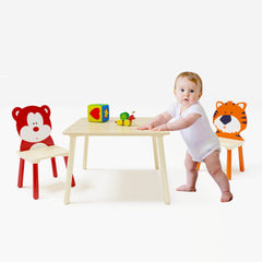 Kids Table and 2 Chairs Set – Bear & Tiger Design | Wooden 3-Piece Toddler Activity Play Table Set