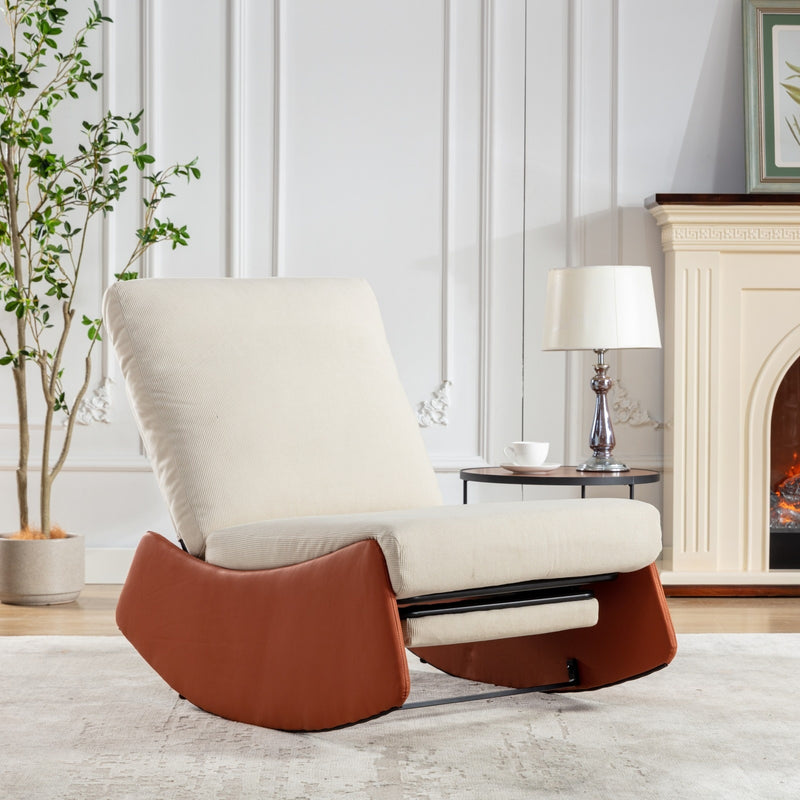 Modern Corduroy Rocking Chair with Adjustable Backrest and Footrest – Ergonomic Lounge Recliner for Living Room & Nursery
