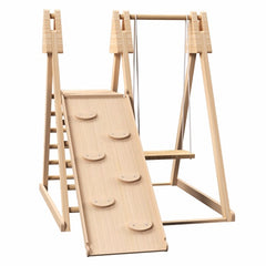 4-in-1 Juniper Indoor Wooden Play Gym – Foldable Toddler Climbing Set with Slide, Rock Wall, and Swings