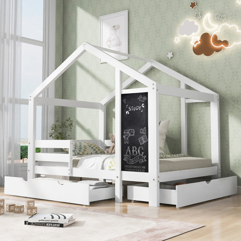 Twin Size House Bed with Blackboard & Storage Drawers – White Wooden Montessori-Inspired Kids Bed