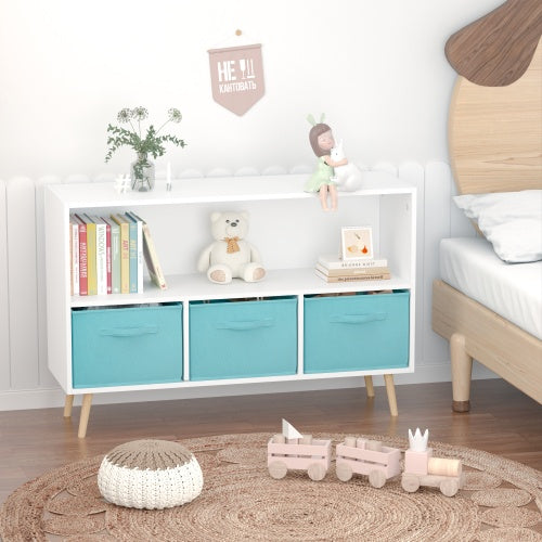 Kids' White & Blue 3-Drawer Bookshelf – MDF Storage Organizer with Foldable Fabric Bins
