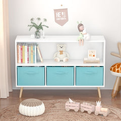 Kids' White & Blue 3-Drawer Bookshelf – MDF Storage Organizer with Foldable Fabric Bins