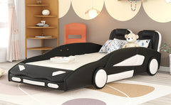 Twin Size Race Car Bed with Wheels – Black Wooden Platform Bed for Kids