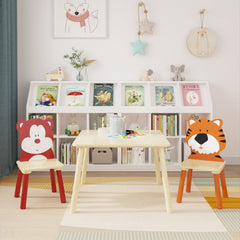 Kids Table and 2 Chairs Set – Bear & Tiger Design | Wooden 3-Piece Toddler Activity Play Table Set