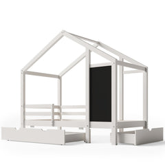 Twin Size House Bed with Blackboard & Storage Drawers – White Wooden Montessori-Inspired Kids Bed