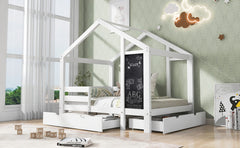 Twin Size House Bed with Blackboard & Storage Drawers – White Wooden Montessori-Inspired Kids Bed
