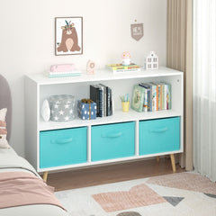 Kids' White & Blue 3-Drawer Bookshelf – MDF Storage Organizer with Foldable Fabric Bins