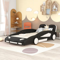 Twin Size Race Car Bed with Wheels – Black Wooden Platform Bed for Kids
