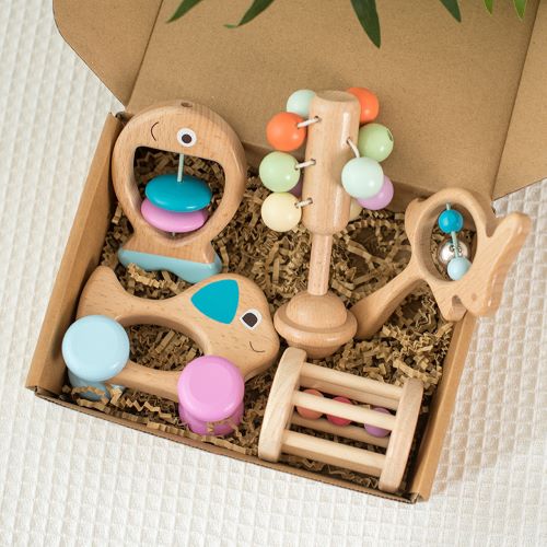 wooden 5 piece rattle set in display box